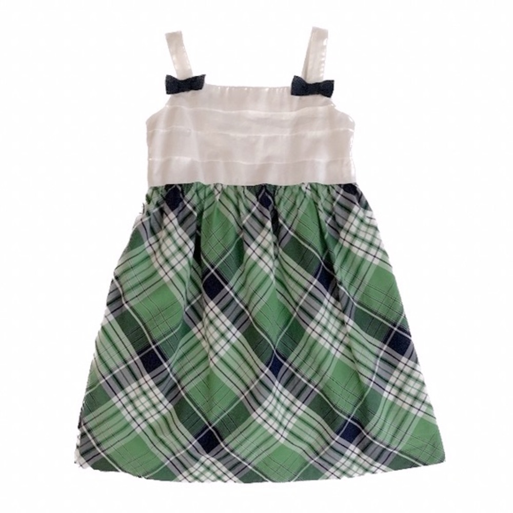 Janie and Jack White and Green Dress with Plaid Skirt and Pleated Bodice, size 5